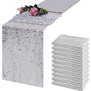 12 Pack Silver Table Runners, 12x108 inch Sequin Table Runner Glitter Sparkly Dinner Party Supplies Fabric for Wedding Birthday Baby Shower Holiday Celebration