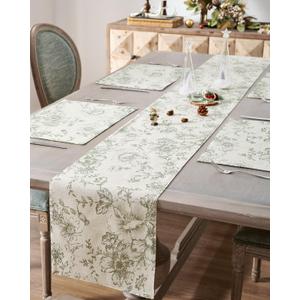 JINCHAN Floral Linen Table Runner for Kitchen Farmhouse Table Cloth with Sage Flower Print 13 x 72 Inch Beige Linen Blend Cloth for Kitchen Dining Table Indoor Outdoor Decor 1 Panel (W13 x L72 (Runner), Peony | Green on Beige)