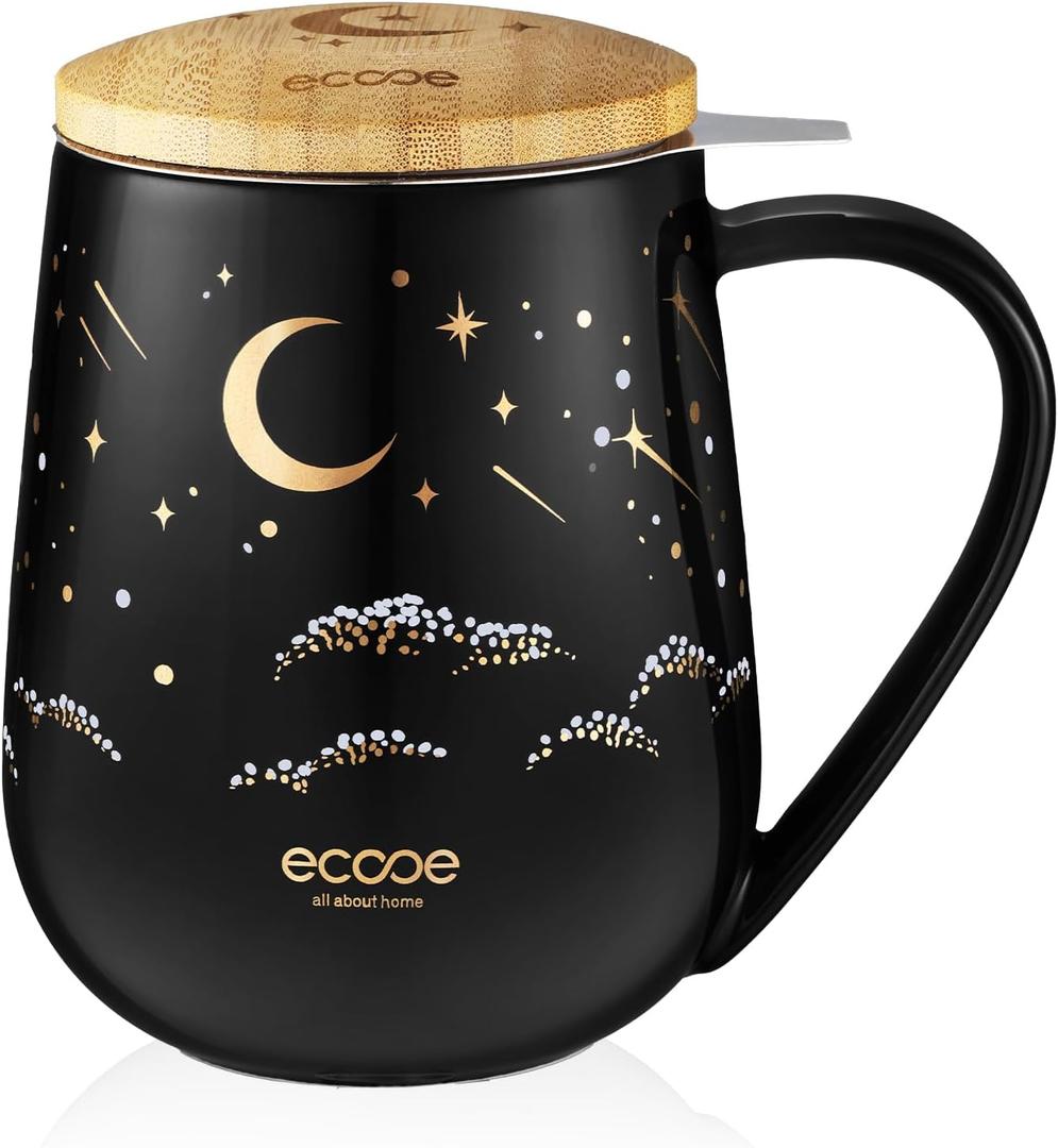 ecooe Tea Infuser Mug 20.3oz Ceramic Tea Cup with Removable Stainless Steel Infuser and Lid, 600ml Tea Mug for Loose Leaf Tea Coffee Milk, Gifts for Women Parents Friends Office Home (Black)