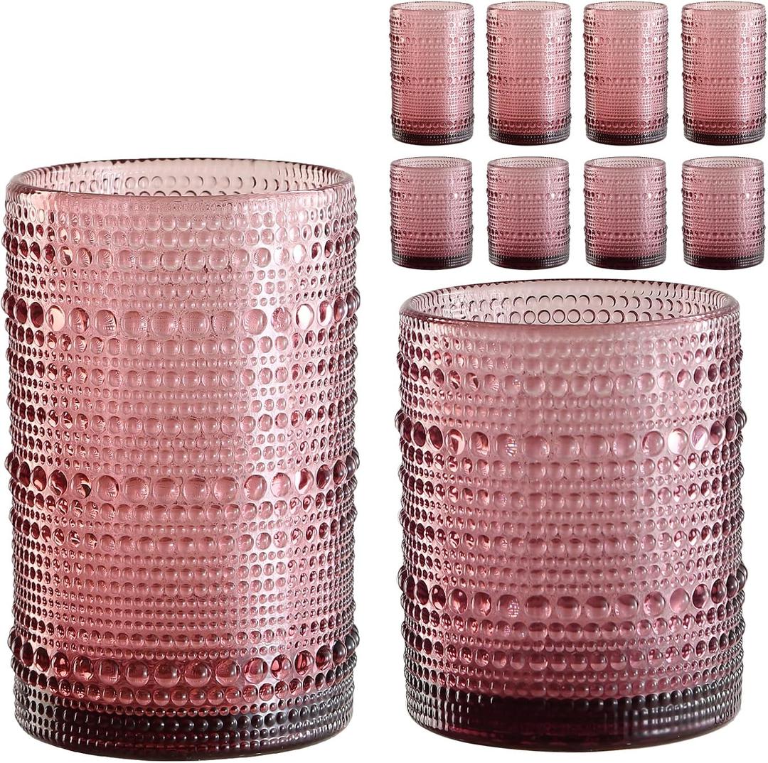Vintage Hobnail Drinking Glasses Set of 8,Purple 12 oz & 15oz Highball Glass Cups, Kitchen Drinkware Glassware, Embossed Water Tumbler, for Beer,Cocktail, Whiskey, Juice and Various Mixed Drinks