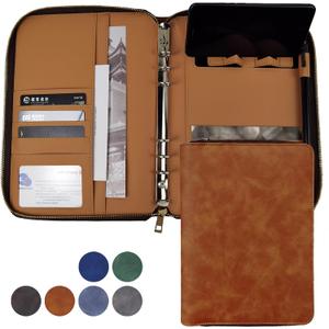 A5 Binder Case PU Leather Portfolio Budget Binder Refillable Notebook Planner Cover with Zipper 6 Rings Money Document Organizer for Business Interview (Brown)