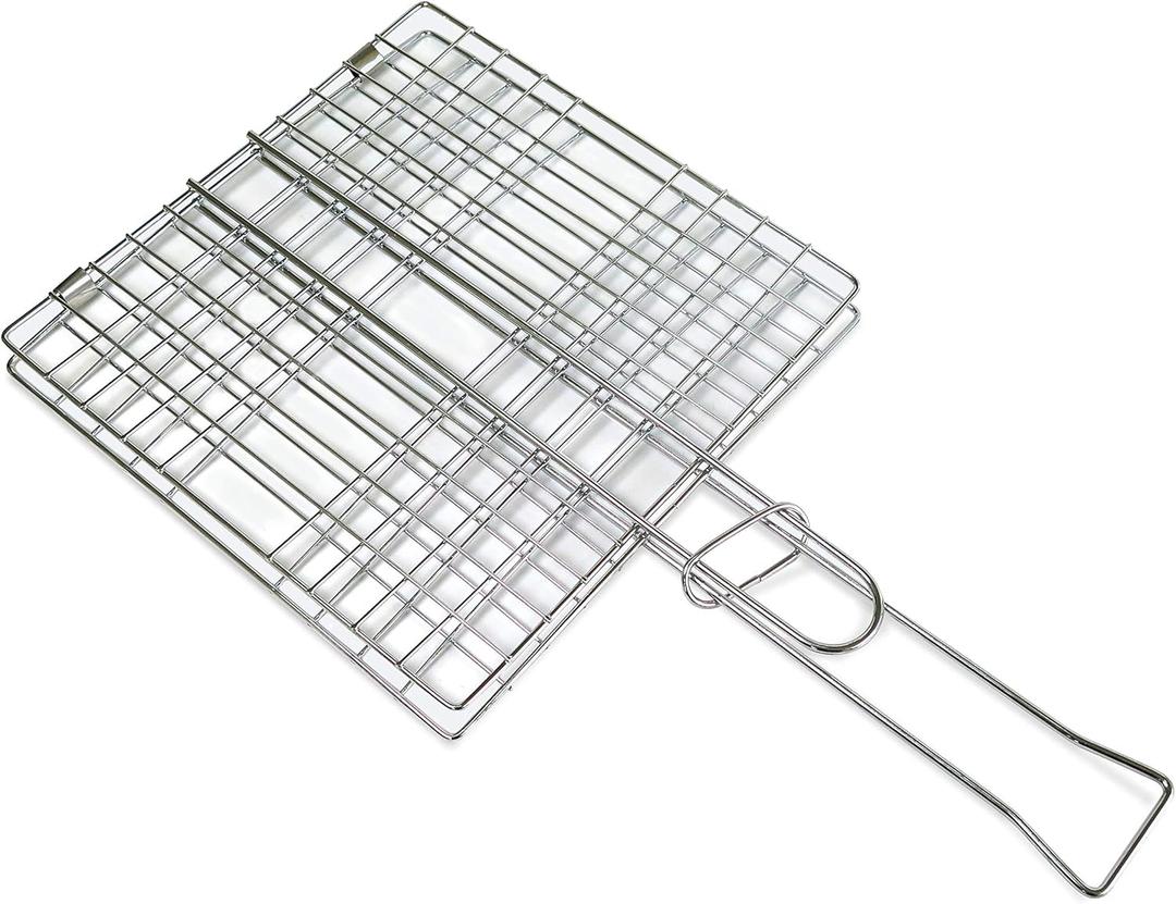 Tredoni 8x8-inch Stainless Steel BBQ Turn-Over Grill Net Clamp - Reversible Liver/Fish Barbecue Grid Holder