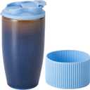 Ceramic Travel Coffee Mug with Polypropylene Lid and Insulated Sleeve, 16 oz, Portable Coffee Cup for Car Cup Holder, Transmutation Glaze Microwave and Dishwasher Safe(Blue)