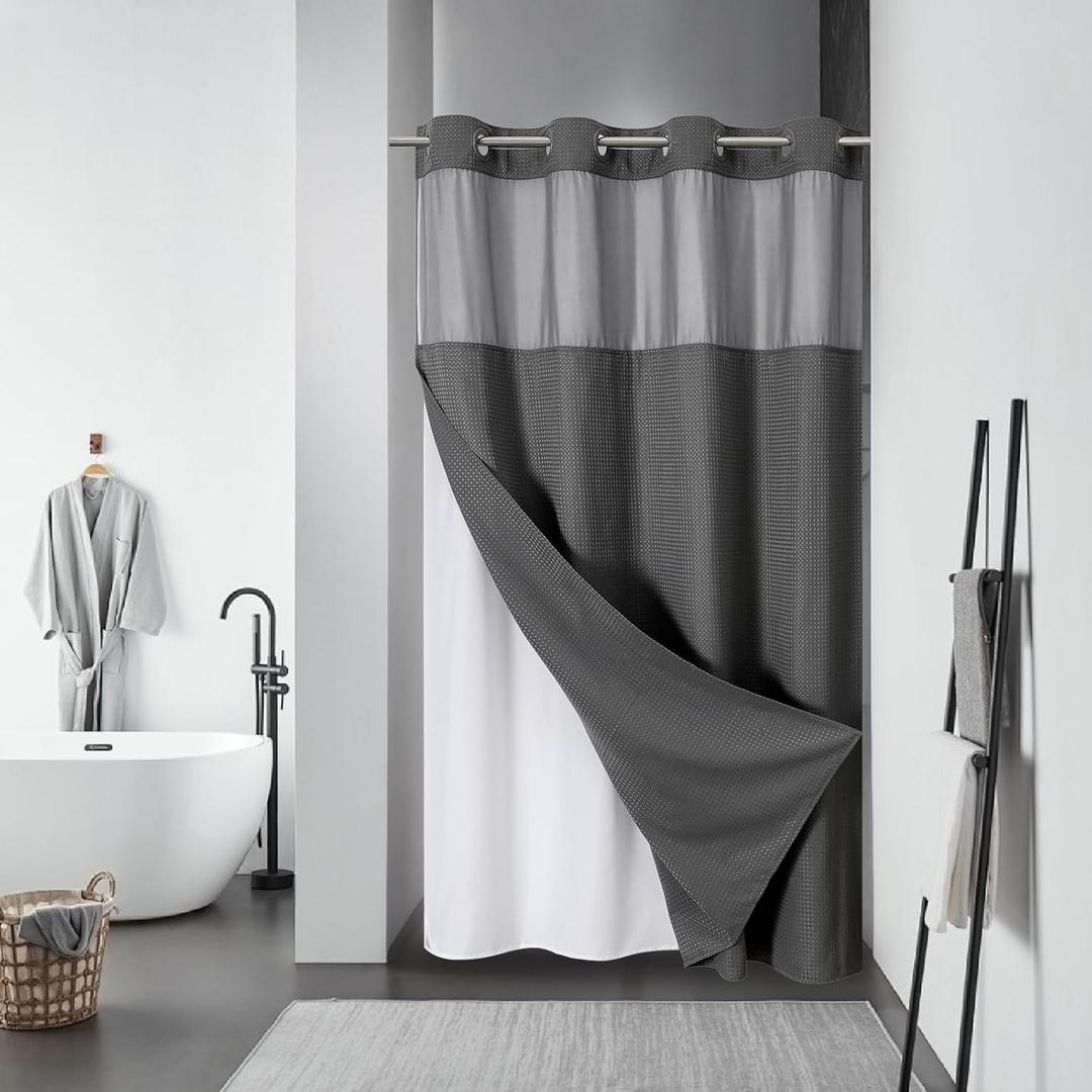 eachope Charcoal No Hook Waffle Weave Shower Curtain with snap-in Liner Replacement, 230GSM Waterproof Fabric Hotel Shower Curtain Set for Bathroom, Through Mesh Top Window,60Wx74H