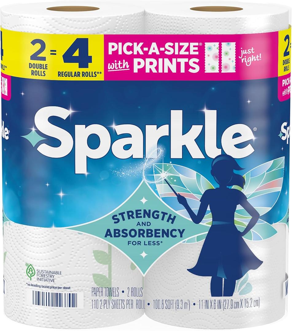 Sparkle Pick-A-Size Paper Towels, Spirited Prints, 2 Double Rolls, Strong 2 Ply Towels for Kitchen Cleanup and Everyday Messes