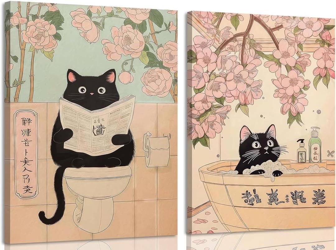 Framed Japanese Bathroom Wall Art Set of 2, Funny Black Cat in Bathtub and Toilet Pictures Wall Decor Paintings, Vintage Cute Animal Canvas Prints Home Decor for Restroom Spa Room 12x16 inch