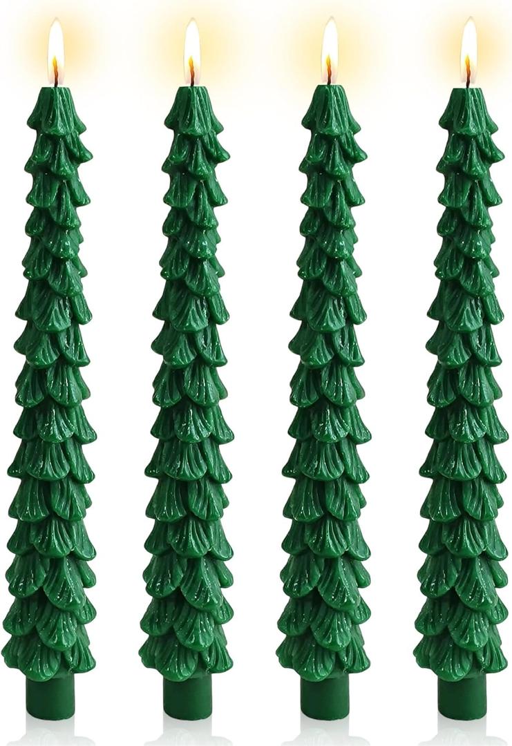 Gedengni Christmas Tree Taper Candle - 10inches Unscented Tree Shaped Green Candlesticks Decorative Tapered Candles for Holiday Xmas Party Dinner Table,G-4pcs