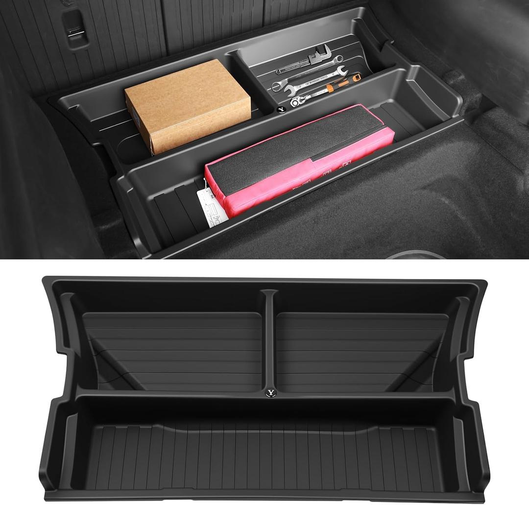 Hidden Trunk Organizer Tray for Tesla Model Y 2019-2026, Custom-Fit Rear Underfloor Storage Box, Durable ABS Compartment for Tools, Emergency Gear & Cleaning Supplies, Quick Access - Black