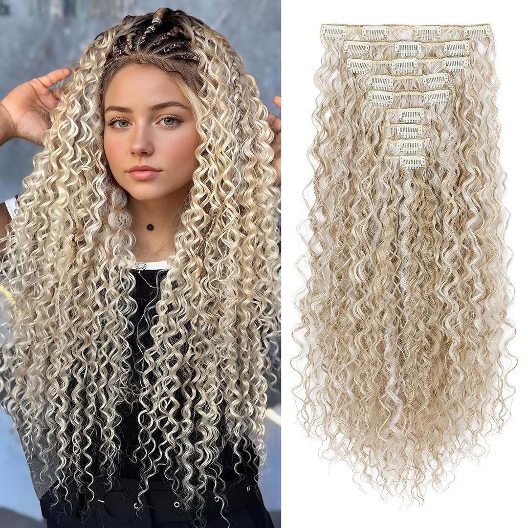 FLUFYMOOZ 9PCS Clip in Hair Extensions 22 Inch Curly Hair Extension Long Soft Synthetic Hairpieces for Women(Blonde with White Blonde Highlights)
