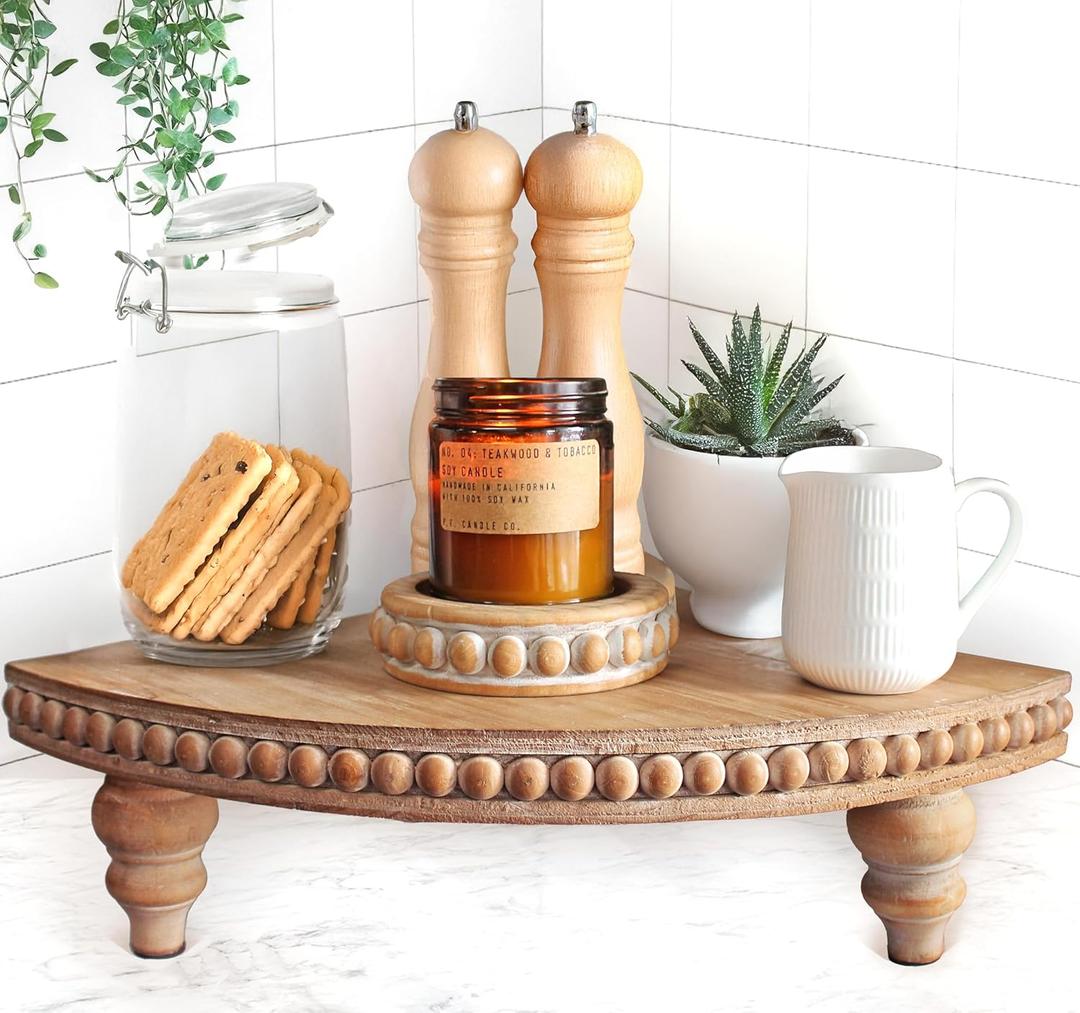 Farmhouse Corner Shelf Stand [with Removable Feet] - Bathroom Countertop Organizer, Decorative Tray Riser, Beaded Wooden Tray, Corner Tray Plant Stand, Coffee Bar Organizer for Kitchen Countertop (Rustic Brown)