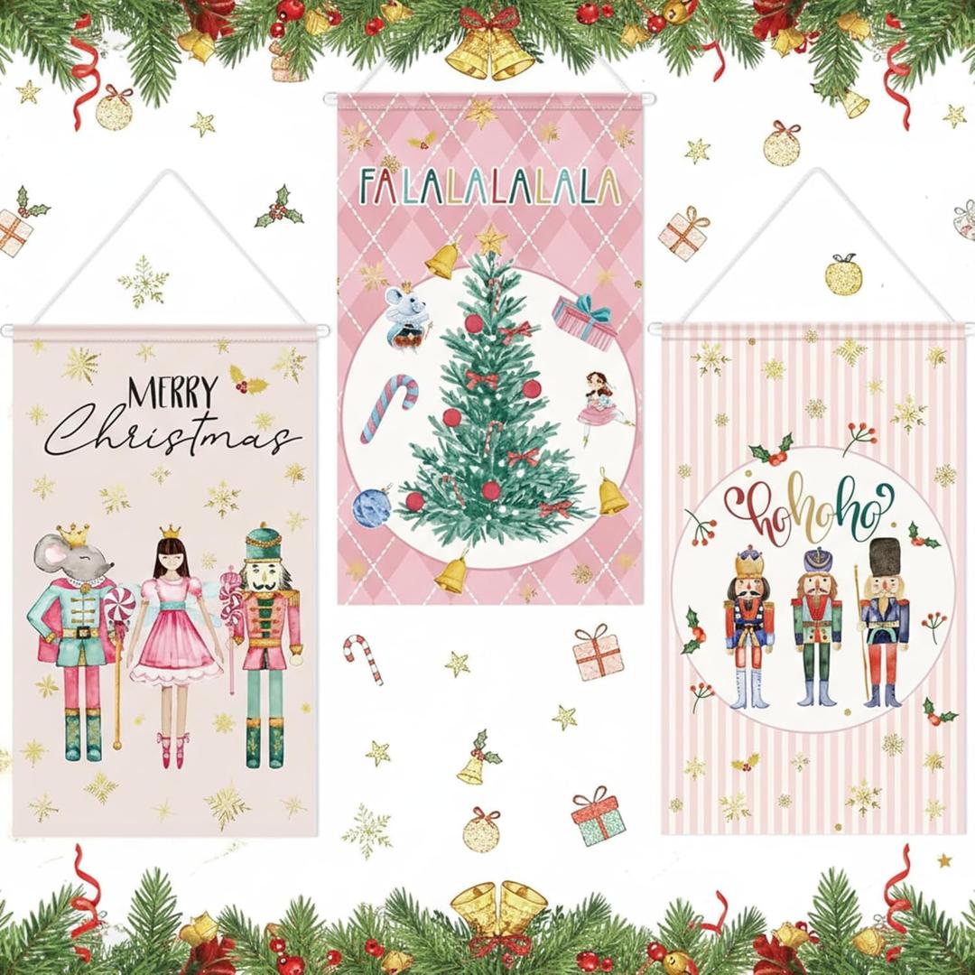 2 x Tegeme 3 Pcs Nutcracker Christmas Door Banner Nutcracker Hanging Flag Decoration Merry Christmas Door Sign Flag 12 x 20 Inch Xmas Home Hanging Banners for Holiday Seasonal Party