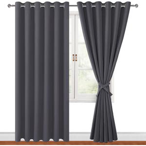 Hiasan Grommet Blackout Curtains for Bedroom, 70 x 84 Inches - Thermal Insulated & Light Blocking Window Drapes for Living Room/Dorm Room, Set of 2 Panels Sewn with Tiebacks, Dark Grey