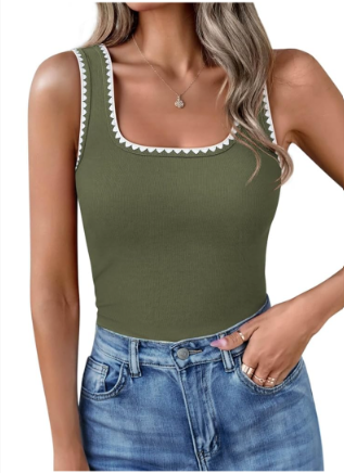 Women’s Square Neck Tank Tops 2025 Summer Sleeveless Shirts Casual Slim Fitted Color Block Ribbed Tanks Size XL