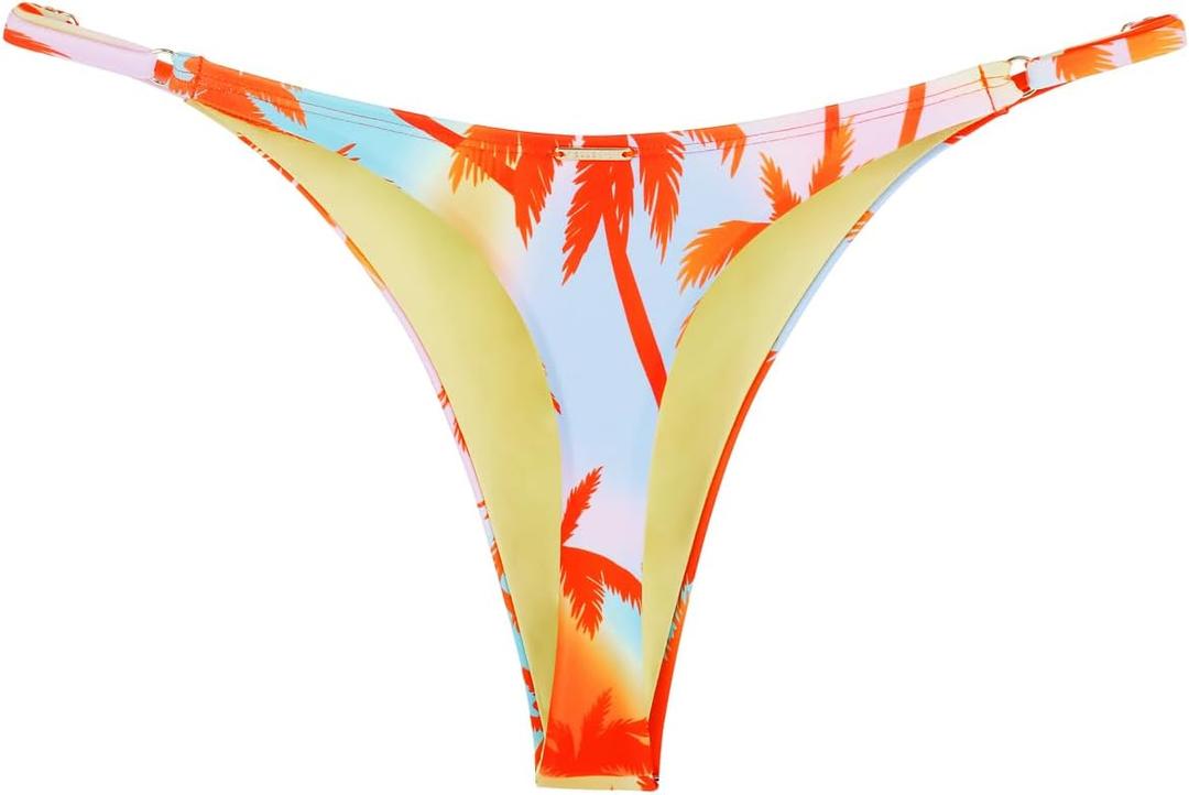 RELLECIGA Women's Adjustable High Cut Thong Bikini Bottom (Medium, Orange Coconut Tree)