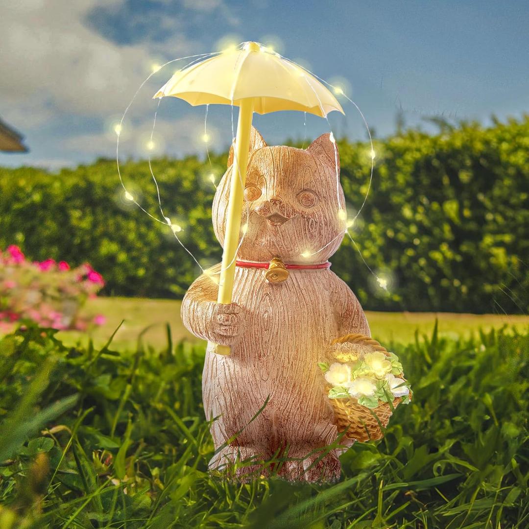 RM ROOMERS Cat Garden Decor with Lights Outdoor Solar Cat Statue Decor for Yard Porchm Lover Gifts for Women Lights Gardening Housewarming Retirement Lawn Ornaments (Brown and Yellow)
