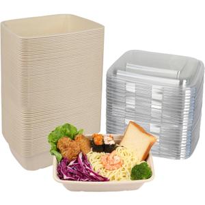 40 oz Rectangle Disposable salad bowls with lids, Sugarcane Fibers Bowls take away food containers Plant Fibers Freezer Safe 50 Pack