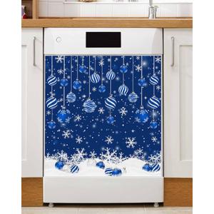 Christmas Dishwasher Magnetic Cover, Navy Blue Balls Winter Snowflake Magnet Dishwasher Door Cover Refrigerator Decal Panel Kitchen Appliances Decor Stickers, Easy Clean, 23" Wx26 H