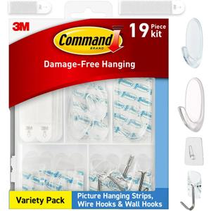 Command Clear Variety Pack, Including 8 Pairs of Picture Hangers, 4 Clear Wire Hooks and 11 Wall Hook for Hanging Home Decor, Damage-Free Hanging Up to 19 Items with Command Strips
