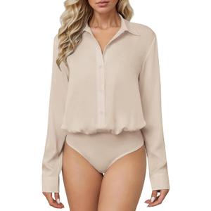 Sexyasasii Button Down Bodysuits for Women Long Sleeve Collared Shirt Solid Office Work Business Casual Satin Blouse Tops (Small, Beige)
