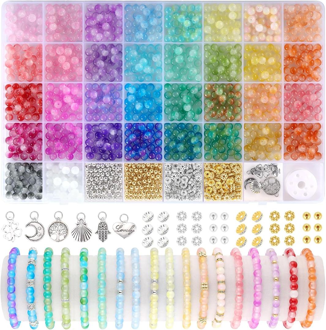 Funtopia 6mm Glass Beads Bracelet Making Kit, 1396pcs Gradient Glass Beads for Bracelets, 34 Colors Round Crystal Beads for Bracelets DIY Crafts with Spacer Beads and Charms (#5 Gradient Patterns)
