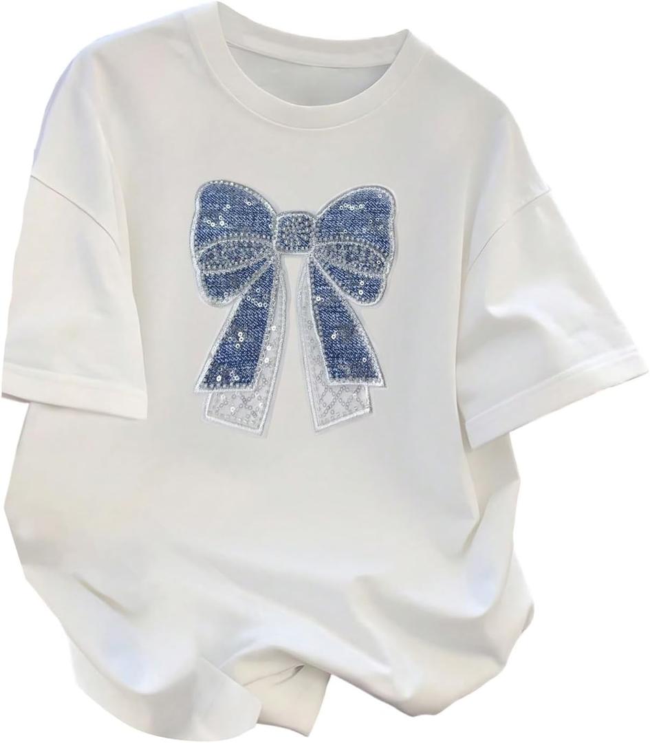 RoseSeek Women's Beaded Sequin Bowknot T Shirt Short Sleeve Crew Neck Embroidery Trendy Tee Y2k Tops White Medium (M)