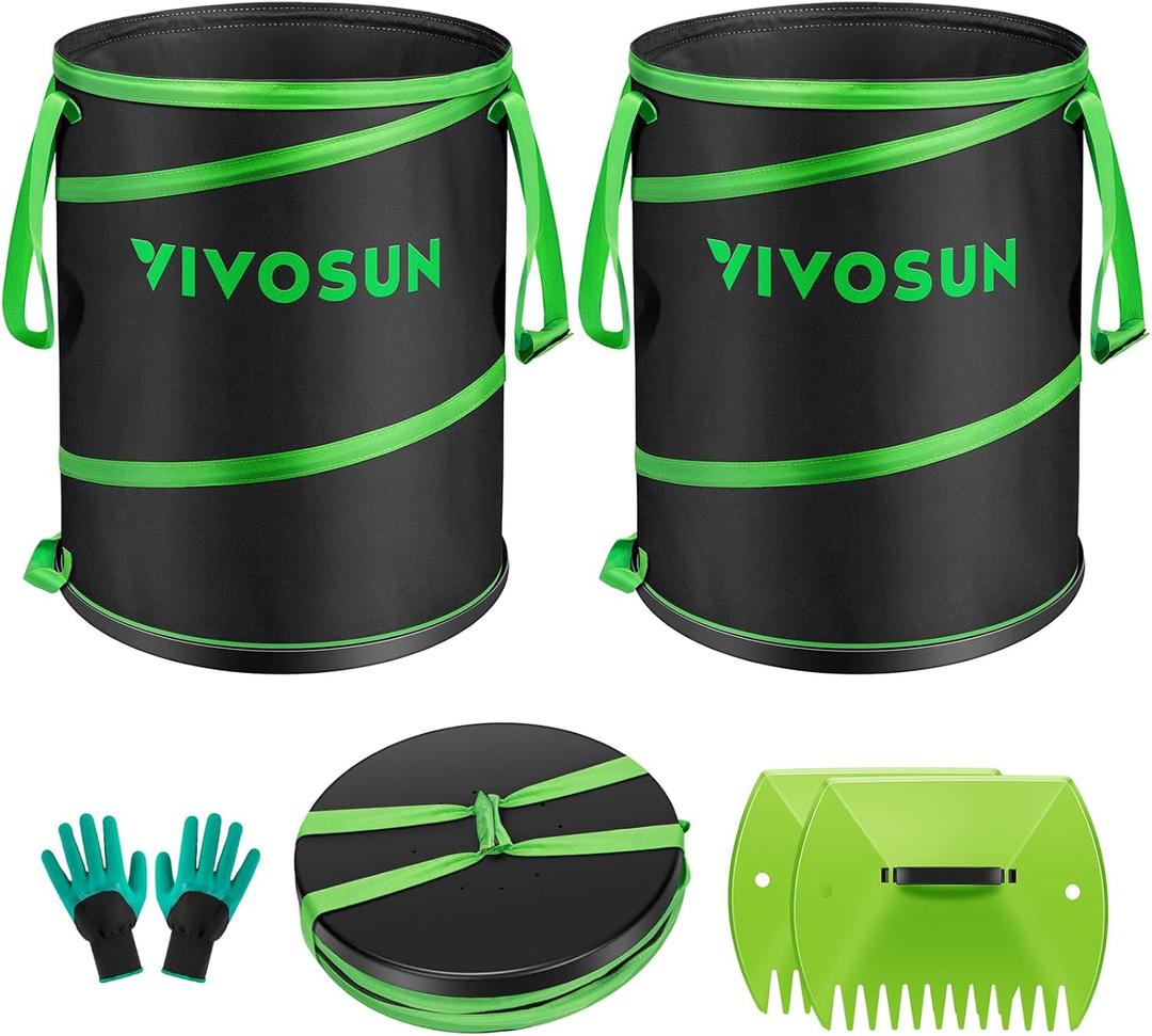 VIVOSUN 30-Gallon Collapsible Garden Bag, Yard Waste Bin with Hard-Shell Bottom, Leaf Scoops and Gloves, Collapsible Yard Waste Containers for Lawn Care and Camping, 2-Pack