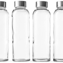 Epica Clear Glass Bottles with Lids, 18oz Resuable Glass Water Bottles for Juicing with Stainless Steel Cap to store Milk, Smoothie, etc., 100% Leak Proof, Durable and Dishwasher Safe (Set of 4)