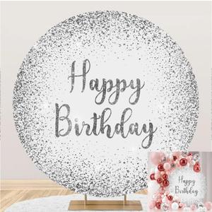 Happy Birthday Round Backdrop Cover Silver Glitters Decor Luxury Photography Backdrop for Children Adults Party Decor 7.2x7.2ft Photo Studio Booth Backgrounds