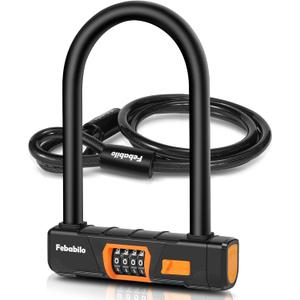 Bike Locks Heavy Duty Anti Theft, Combo Bike U Lock, 4-Digit Resettable Combination E-Bike Large U Shaped Lock with 5Ft Steel Cable for Electric Bike, Bicycle, Escooter, Motorcycle, Door