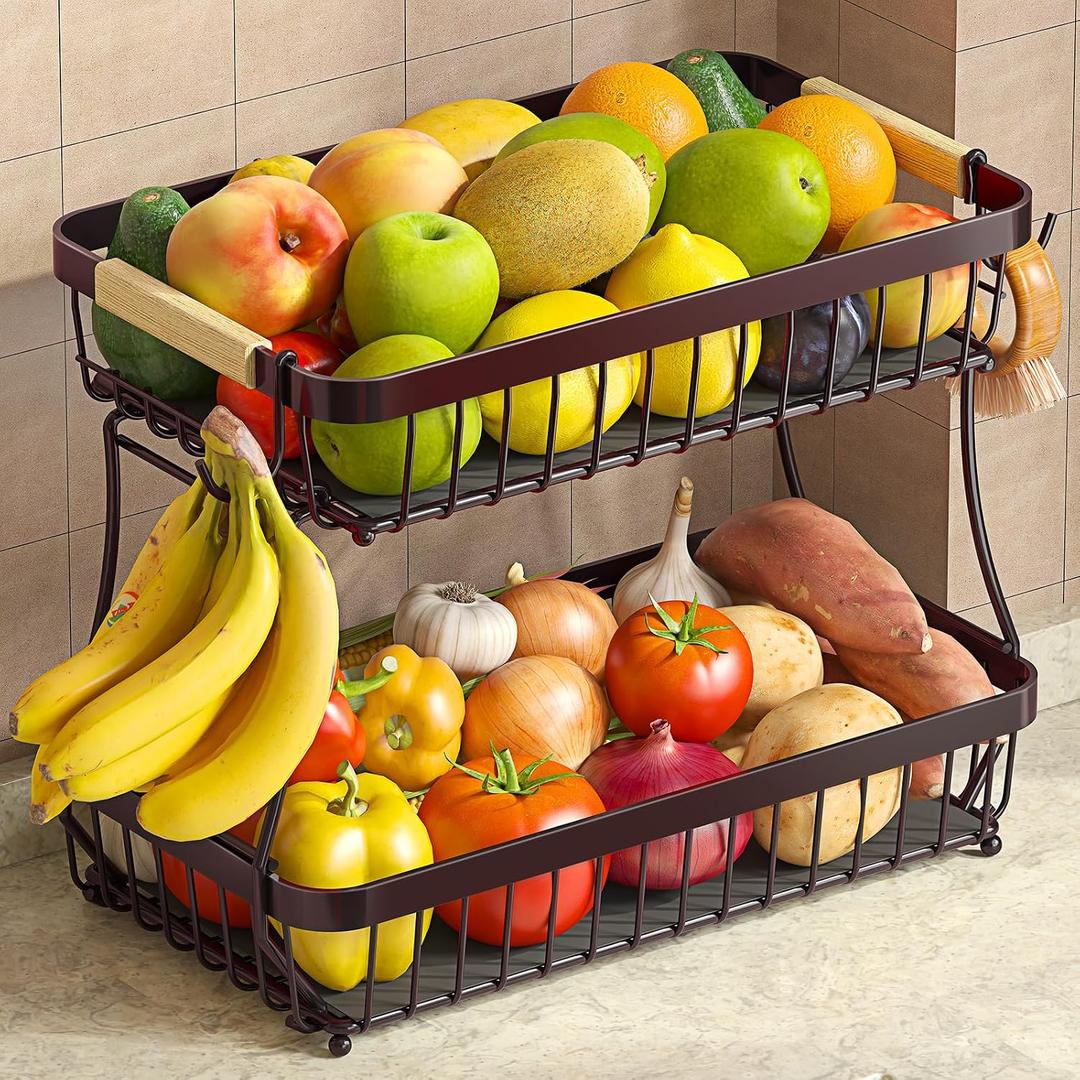 Sevenblue 2 Tier Large Fruit Basket for Kitchen Counter with 2 Mobile Banana Hangers, 2026 Pro Detachable Metal Fruit Bowl with Wooden Handle (Brown, 2 Tier Extra Large)
