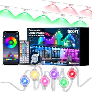 RGB Permanent Outdoor Lights, 300FT Smart LED Eaves Lights with APP & Remote Control, IP67 Waterproof Outdoor String Lights for Christmas, Halloween, Party, Garden, Patio, House Decor (2 Rolls of 150FT)