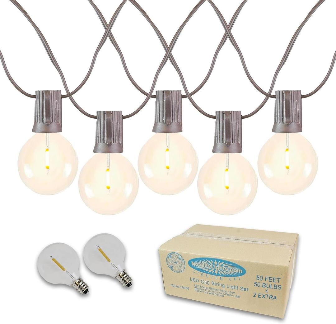 Novelty Lights 50 Feet G50 LED Patio String Light Set with 50 Bulbs, Warm White, Weather Resistant and Shatterproof Replaceable Plastic Globe Bulbs, Brown Wire