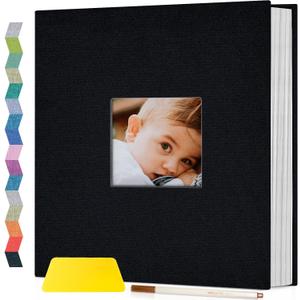 Popotop Photo Album Self Adhesive with Picture Display Window,60 Pages DIY Scrapbooking Supplies Kit for 4x6 10x12 Picture,Linen Cover Memory Book for Baby Wedding, with Scraper and Metallic Pen