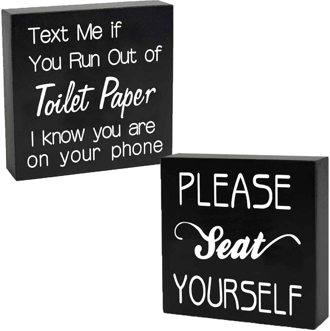 2 PCS Farmhouse Bathroom Signs Decor Wood Box Sign, Rustic Bathroom Wall Art Decor, Funny Restroom Guest Bathroom Decor for Shelves and Wall Black
