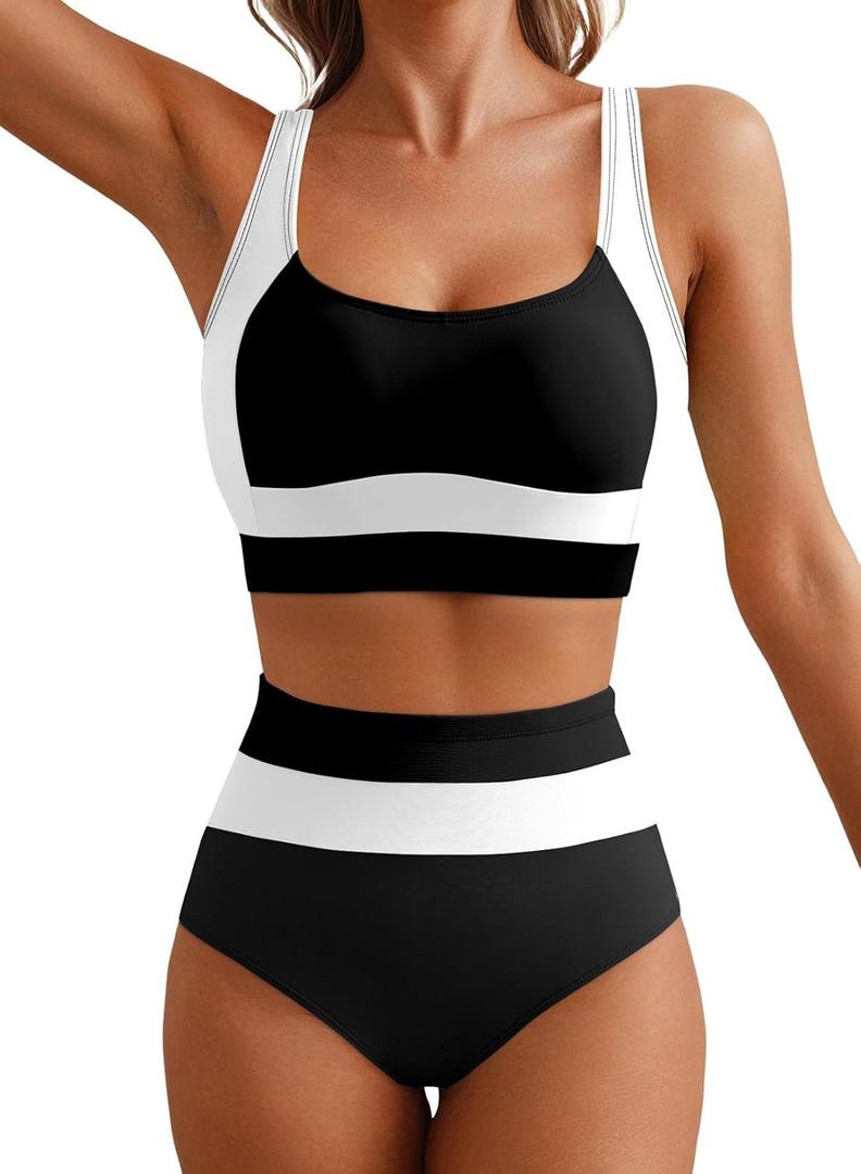 Herseas Women 2 Piece High Waisted Bikini Sets Colorblock Sporty Swimsuits Wide Straps Bathing Suit 2026 Summer Swimwear (Small, Black)