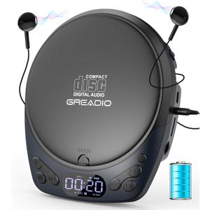 Portable CD Player with Headphones, Rechargeable Discman CD Player for Car & Home, Small CD Players Portable with 60s AntiSkip, Supports CD/MP3/WMA/TF Card/AUX, Backlit/Lock/Programmable/Timer