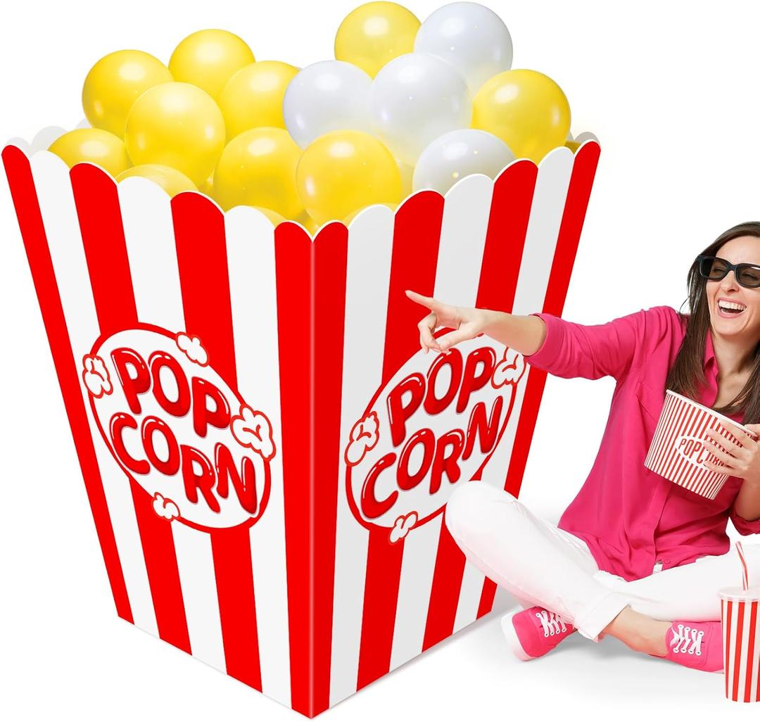 Giant Popcorn Box Prop Circus Theme Party Decorations 3D Popcorn Decorations Boxes Large Carnival Decorations Red & White Striped Pop Corn Stand-Up for Theater Movie Night Camera Party Decorations