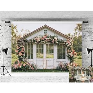 Kate Spring Flower House Backdrop Rustic Garden Background Door Floral Photo Background Studio Props, 10x8ft