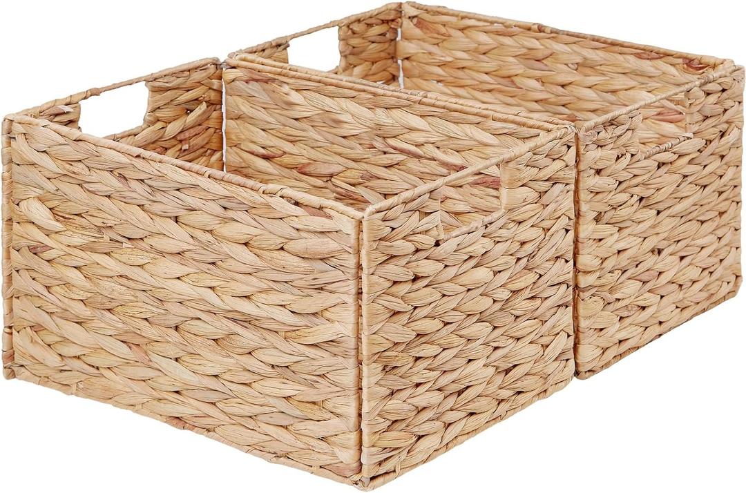 Vagusicc Wicker Storage Basket, Set of 2 Hand-Woven Storage Baskets for Organizing, Small Wicker Basket for Toilet Paper, Foldable Large Cube Storage Organizer Basket Bins for Shelves (Water Hyacinth)
