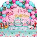 Blosssound 171 Pcs Flamingo Birthday Party Supplies 16 Sets Tropical Hawaiian Party Decorations Include Napkins Plates Cups Spoons Forks Knife Balloons Leaves Backdrop Tablecloth for Girls Boys Kids