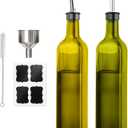 Olive Oil Dispenser Bottle, 2 Pcs 17oz Green Glass Oil Bottle for Kitchen, Olive Oil Dispenser Set with 2 Stainless Steel Pourers, 4 Labels,1 Brush and 1 Funnel
