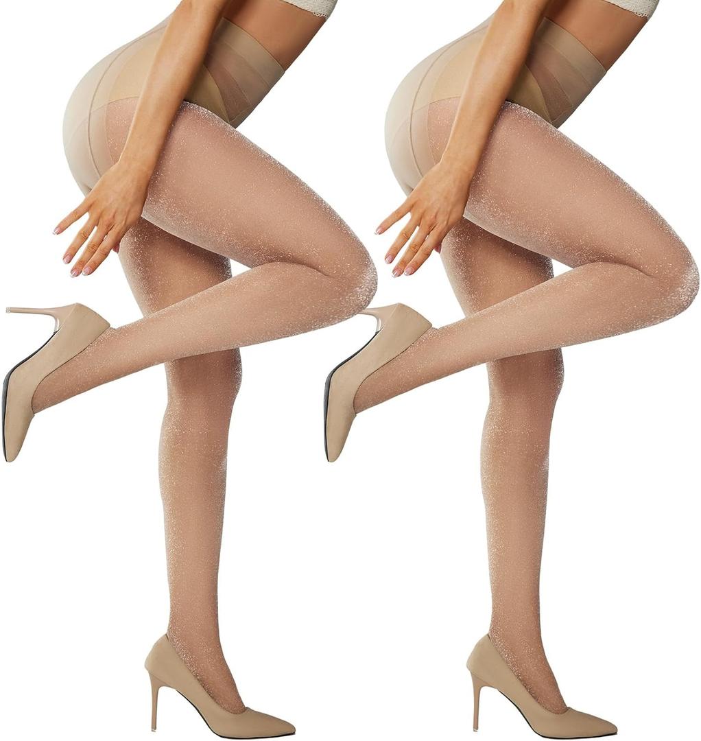 Yilanmy Womens Glitter Sheer Tights Sexy Sparkly Tights Shiny Shimmer Elastic High Waist Pantyhose Transparent 2 Pairs (Small-Medium, Natural)