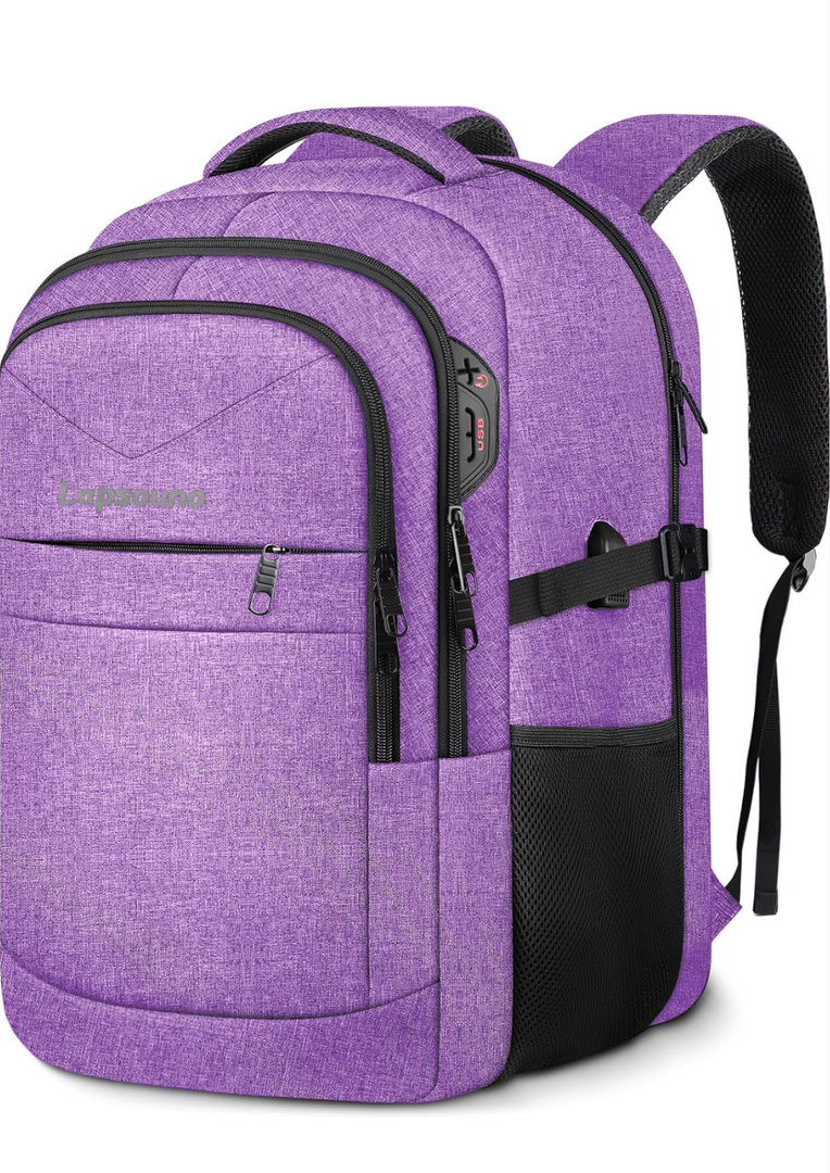 Lapsouno Extra Large Travel Backpack, Travel Laptop Backpack, Multiple Pockets 17.3 Inch Carry on Backpack with USB Port, TSA Friendly Water Resistant College School Business Bag for Women, Purple