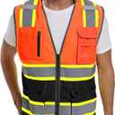 Reflective Safety Vest for Men and Women - High Visibility Construction Vest - Dual Tone Reflective Strips (Large, Orange-black)
