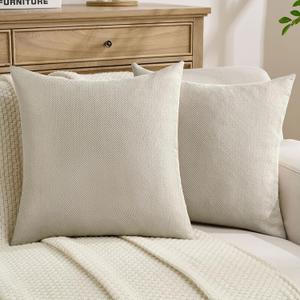 FUTEI Pack of 2 Chevron Chenille Throw Pillow Covers 18x18 Inch Soft Herringbone Texture Solid Decorative Cushion Case Farmhouse Home Decor for Couch Bed Living Room, Beige