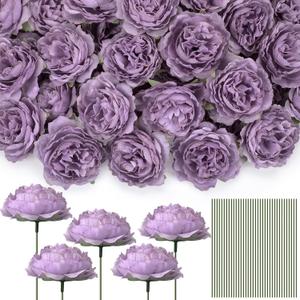 Thiccywoov 100 Pcs Flowers Long Stem Artificial Rose, 3.2 Inches Silk Rose Head Flowers Fake for Wedding Bridal Bouquet Independence Day Home Floral DIY Centerpieces Party Decoration(Purple)
