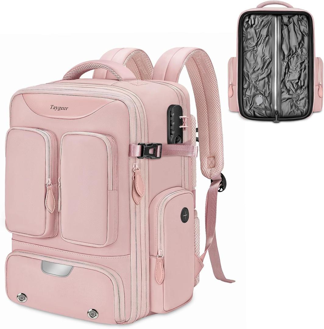 Taygeer Vacuum Backpack, Expandable Vacuum Seal Carry on Backpack with Rain Cover, 17'' laptop Compression Backpacks Travel with Shoe Compartment, TSA Approved Personal Item Compression Back Pack,Pink (Large)