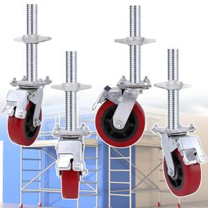 4 Pack Adjustable Leveling Scaffolding Wheels Set, Scaffolding Screw Jacks, Heavy-Duty Scaffold Leveling Jack, 6"-Scaffolding Casters, 1-1/5" OD Scaffold Screw, Swivel Wheels Casters Dual Locking Set