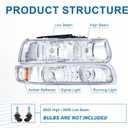 Headlights Assembly for 1999-2002 Chevy Silverado 1500 2500 1500HD 2500HD 3500/2000-2006 Tahoe Suburban 1500 2500 Replacements Headlamp Amber Reflector Chrome Housing