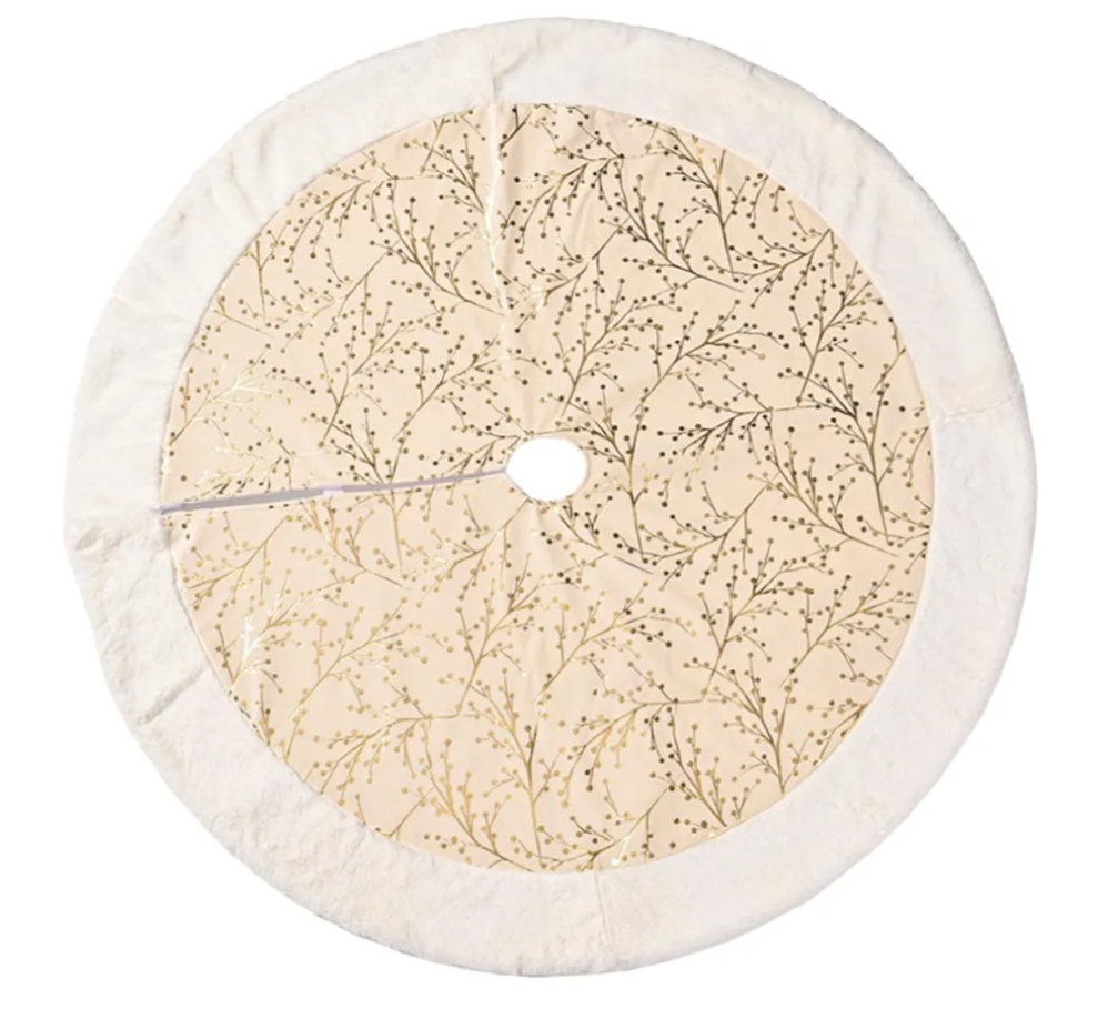 Xmas Tree Skirt 121cm Plush with Golden Embroidered Floral Pattern Christmas Tree Apron Mat Decorative Carpet for Holiday Home Décor